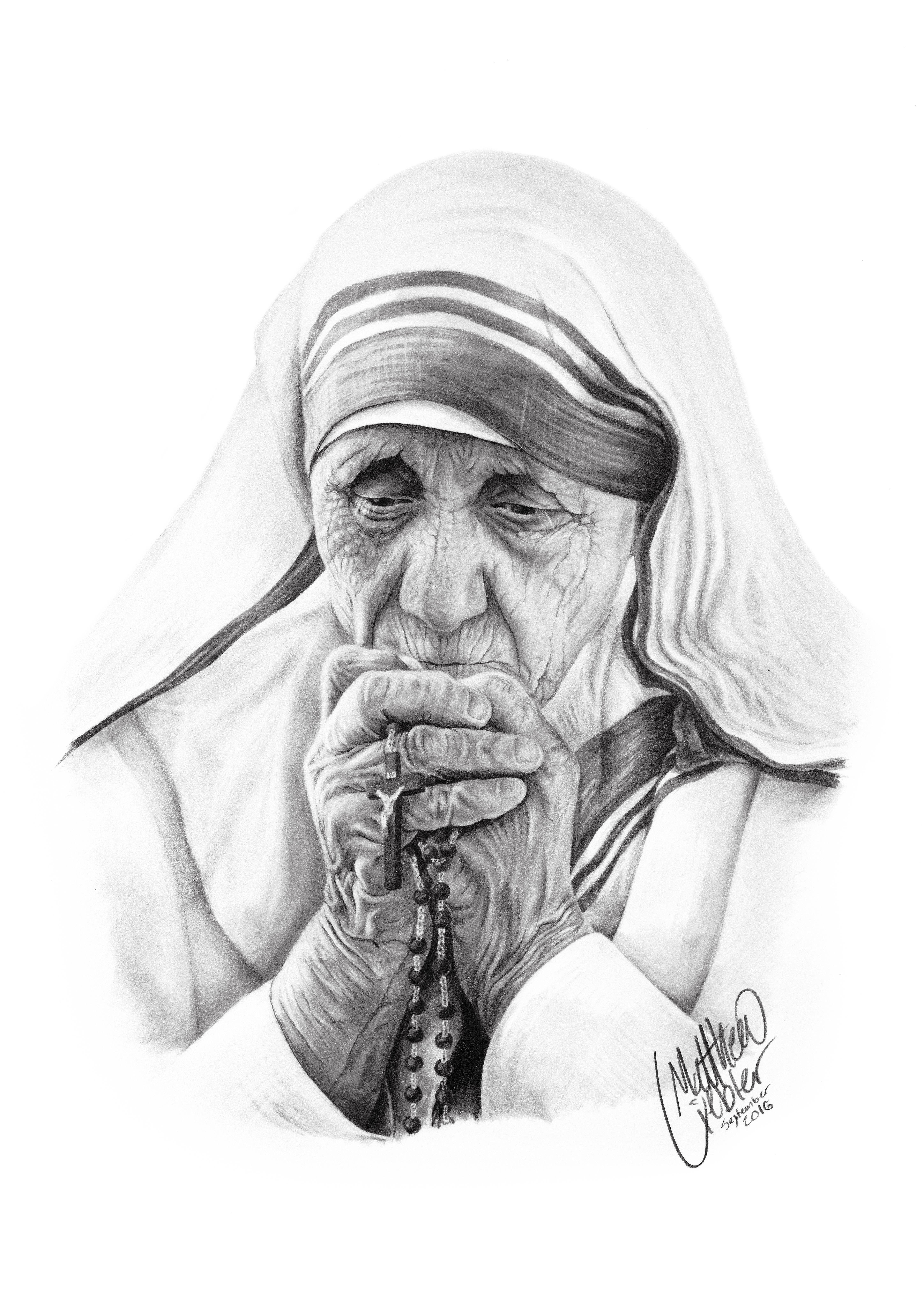 Drawing of a Nun holding a Rosary. 